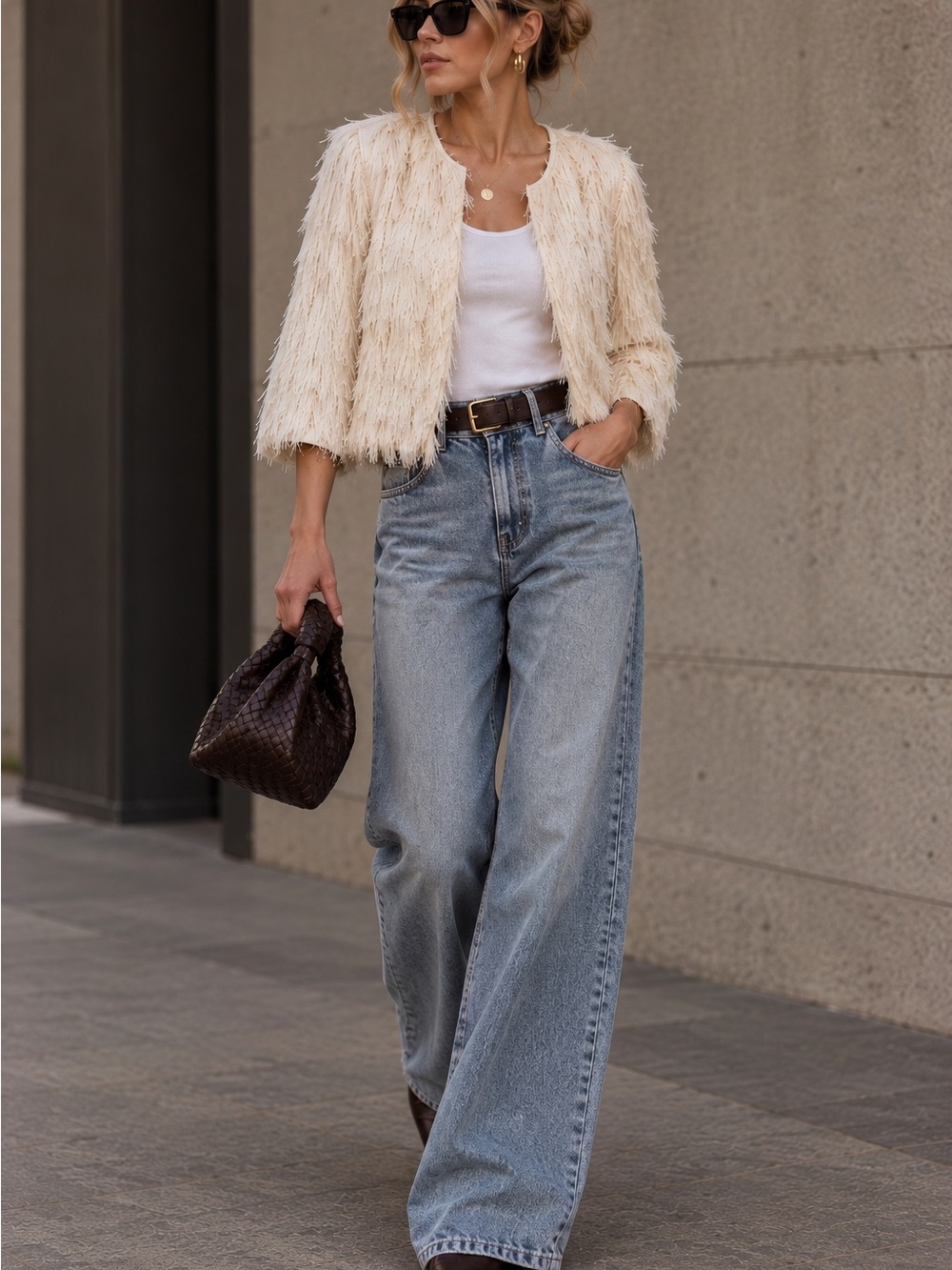 Collection B Ivory Fringe Shaggy 3/4 Sleeve Jacket Boho Statement Cardigan
